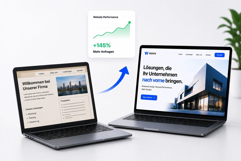 Vergleich einer alten und einer neuen Website nebeneinander, daneben ein Diagramm mit steigenden Anfragen